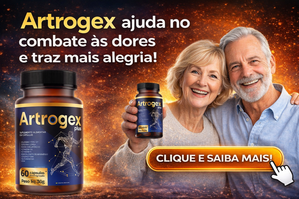 Imagem promocional do Artrogex Plus, suplemento alimentar em cápsulas desenvolvido para auxiliar no combate às dores crônicas, artrite, artrose e reumatismo. A composição visual destaca o produto com elementos tecnológicos e figura humana em movimento, simbolizando mobilidade, alívio da dor na coluna e melhora na qualidade de vida.