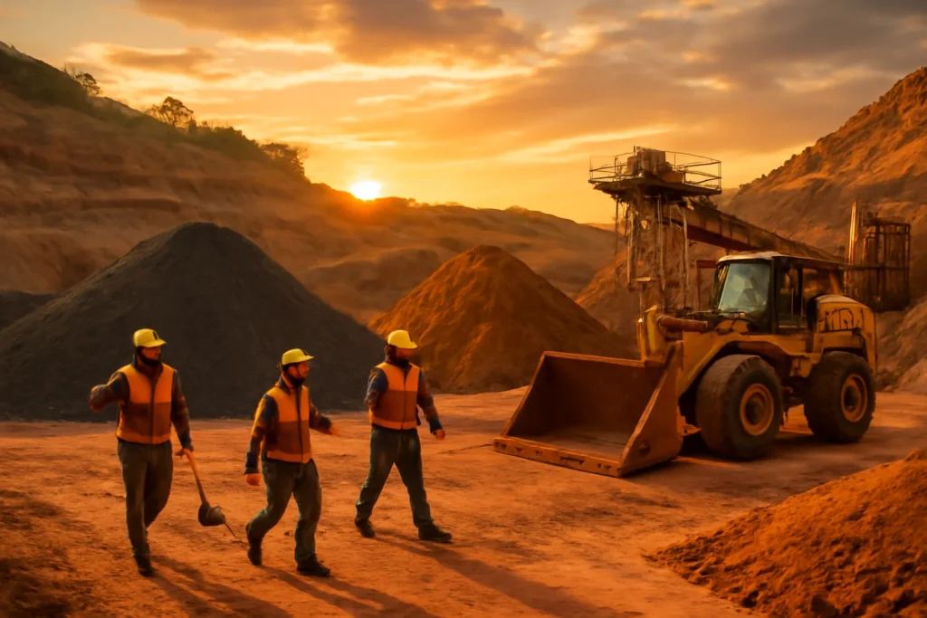 Mina de terras raras no Brasil ao pôr do sol, com operários, minerais e maquinaria moderna, palco do segredo terras raras brasil segredo