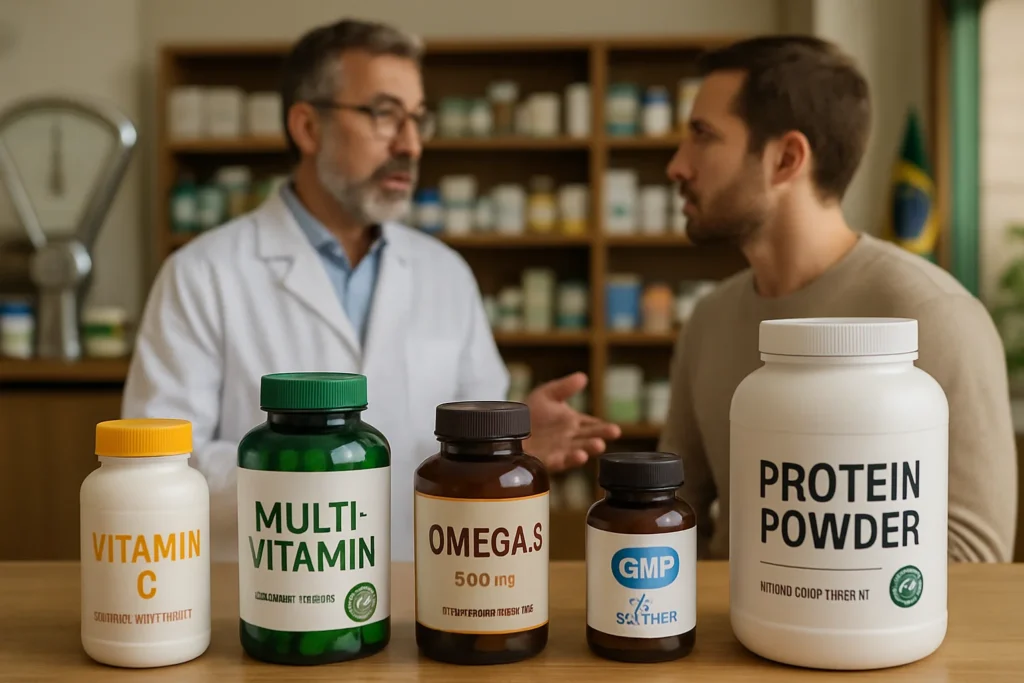 Farmácia com suplementos, profissional de saúde explicando, balanças e bandeira do Brasil, destacando regulamentação suplementos Brasil ANVISA