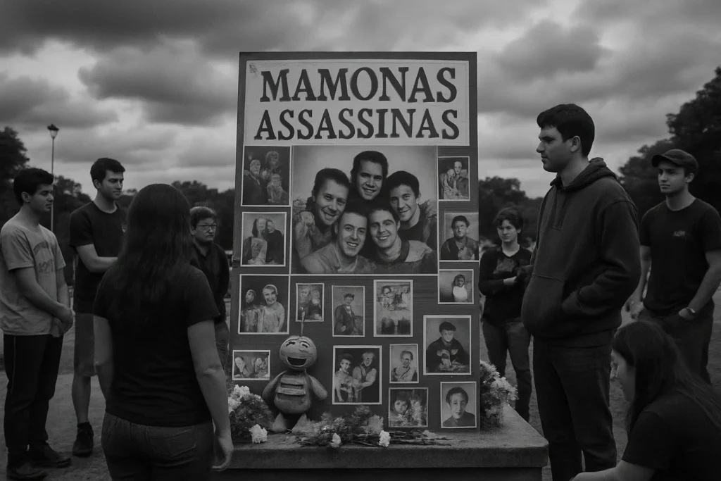 Cena em preto e branco de fãs em memorial aos Mamonas Assassinas, com fotos e objetos, sob céu nublado e clima de saudade