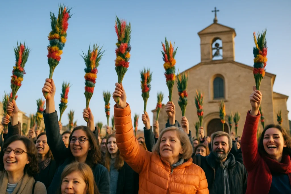 Fiéis segurando ramos de palmeira na procissão de Domingo de Ramos, foco nas mãos e contexto de rascunho automático