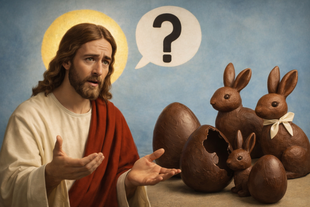 Imagem realista de Jesus olhando para coelhos e ovos de chocolate, representando a reflexão sobre o verdadeiro significado da Páscoa.