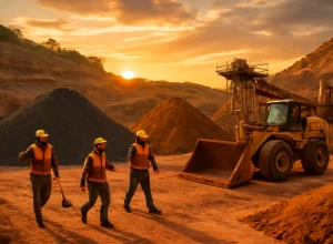 Mina de terras raras no Brasil ao pôr do sol, com operários, minerais e maquinaria moderna, palco do segredo terras raras brasil segredo