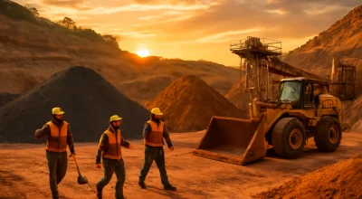 Mina de terras raras no Brasil ao pôr do sol, com operários, minerais e maquinaria moderna, palco do segredo terras raras brasil segredo