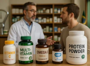 Farmácia com suplementos, profissional de saúde explicando, balanças e bandeira do Brasil, destacando regulamentação suplementos Brasil ANVISA