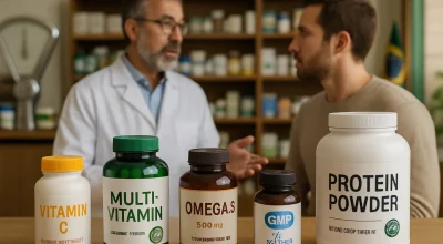 Farmácia com suplementos, profissional de saúde explicando, balanças e bandeira do Brasil, destacando regulamentação suplementos Brasil ANVISA