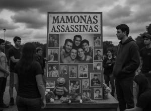 Cena em preto e branco de fãs em memorial aos Mamonas Assassinas, com fotos e objetos, sob céu nublado e clima de saudade