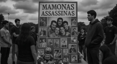 Cena em preto e branco de fãs em memorial aos Mamonas Assassinas, com fotos e objetos, sob céu nublado e clima de saudade