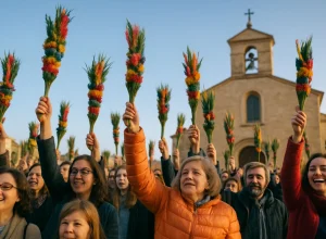 Fiéis segurando ramos de palmeira na procissão de Domingo de Ramos, foco nas mãos e contexto de rascunho automático