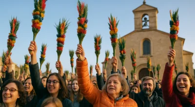 Fiéis segurando ramos de palmeira na procissão de Domingo de Ramos, foco nas mãos e contexto de rascunho automático