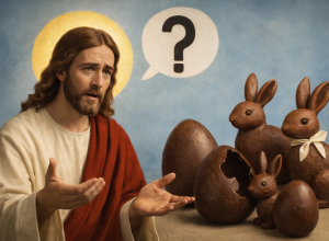 Imagem realista de Jesus olhando para coelhos e ovos de chocolate, representando a reflexão sobre o verdadeiro significado da Páscoa.