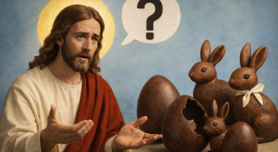 Imagem realista de Jesus olhando para coelhos e ovos de chocolate, representando a reflexão sobre o verdadeiro significado da Páscoa.